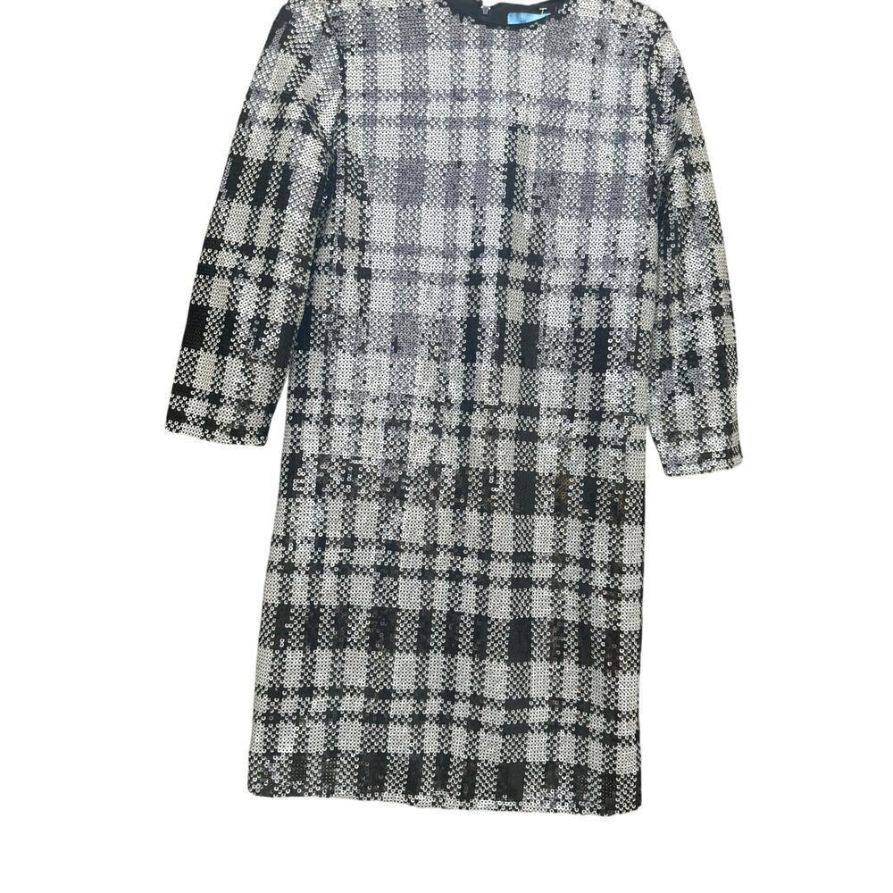 DRAPER JAMES Sequin Sheath 3/4 Sleeve Plaid Black White Holiday Dress Size16 NWT